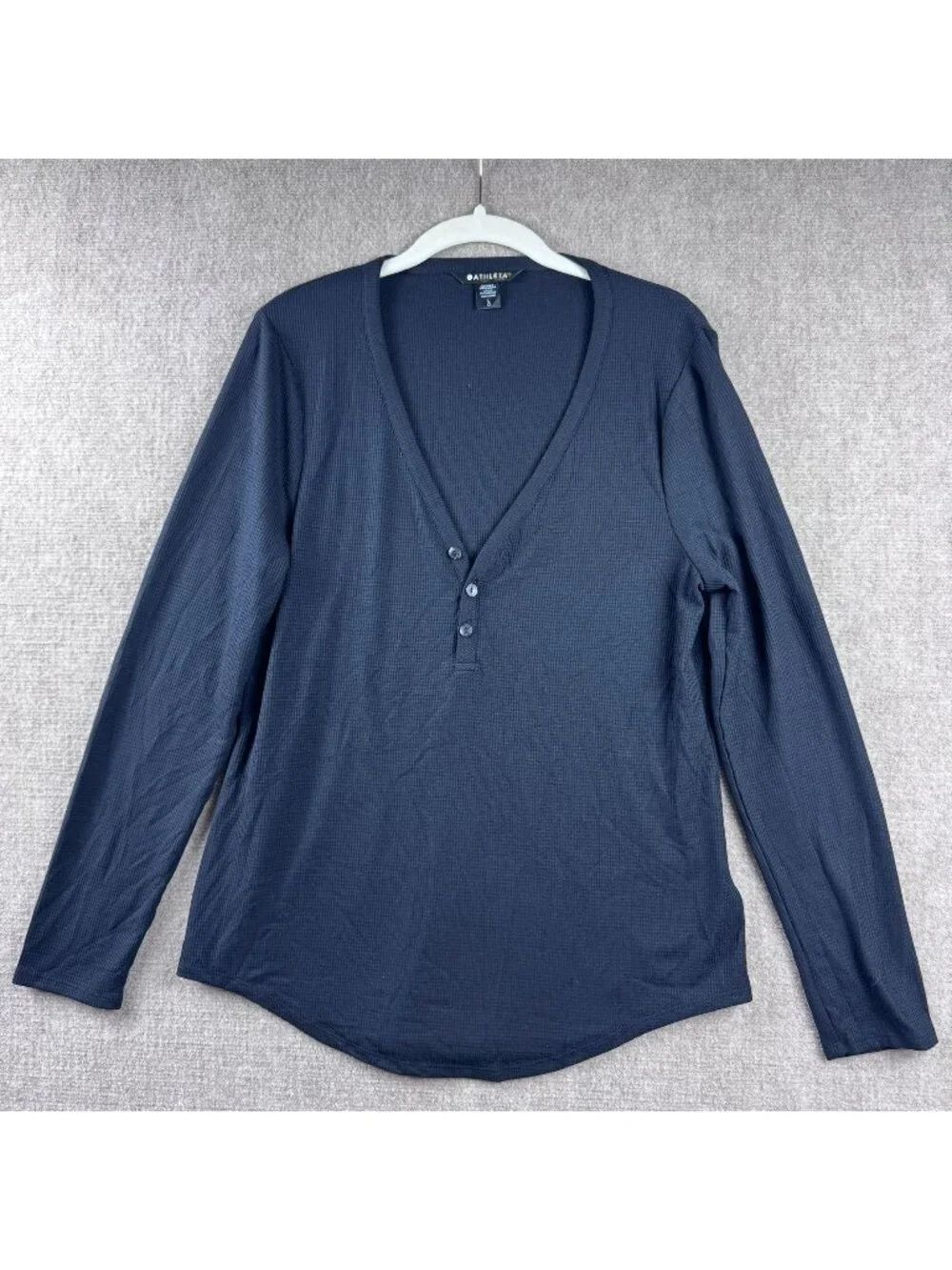 Athleta Wind Down Sleep Top Black Large Ribbed Henley Lounge Shirt Waffle Knit